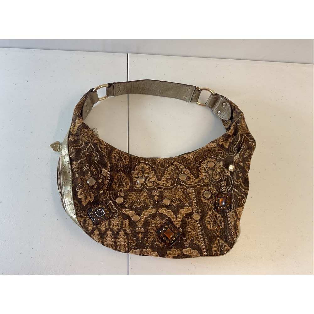 Kathy Van Zeeland Shoulder Bag Paisley Beaded crocodile tim gold hardware Boho